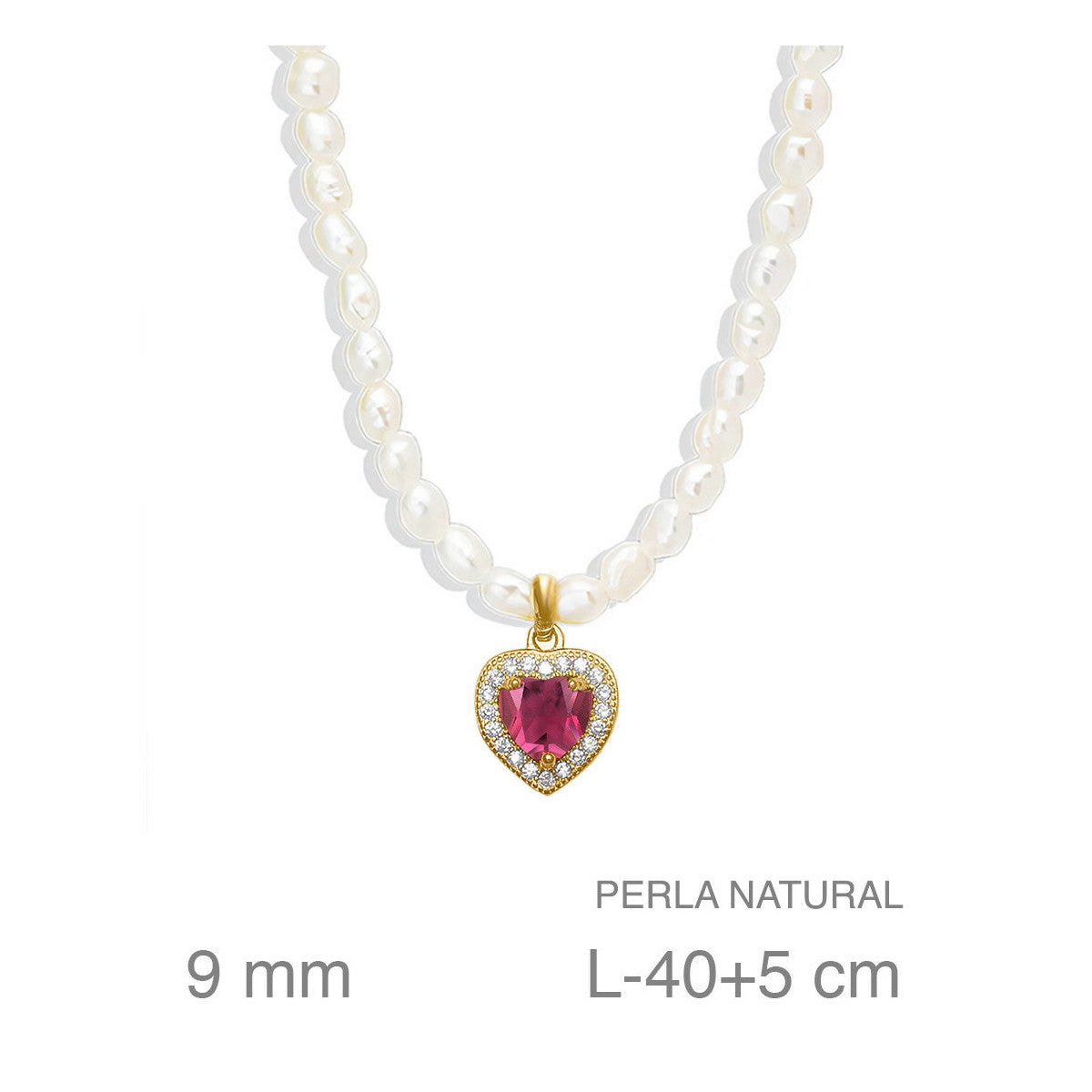 Collar de Perla Natural con Colgante Color Rubí en Plata de Ley Bañada en Oro